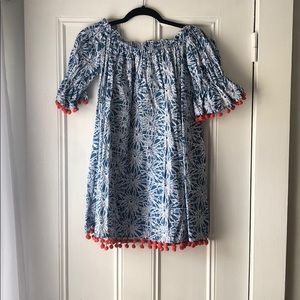 Blue, white, orange off-the-shoulder dress